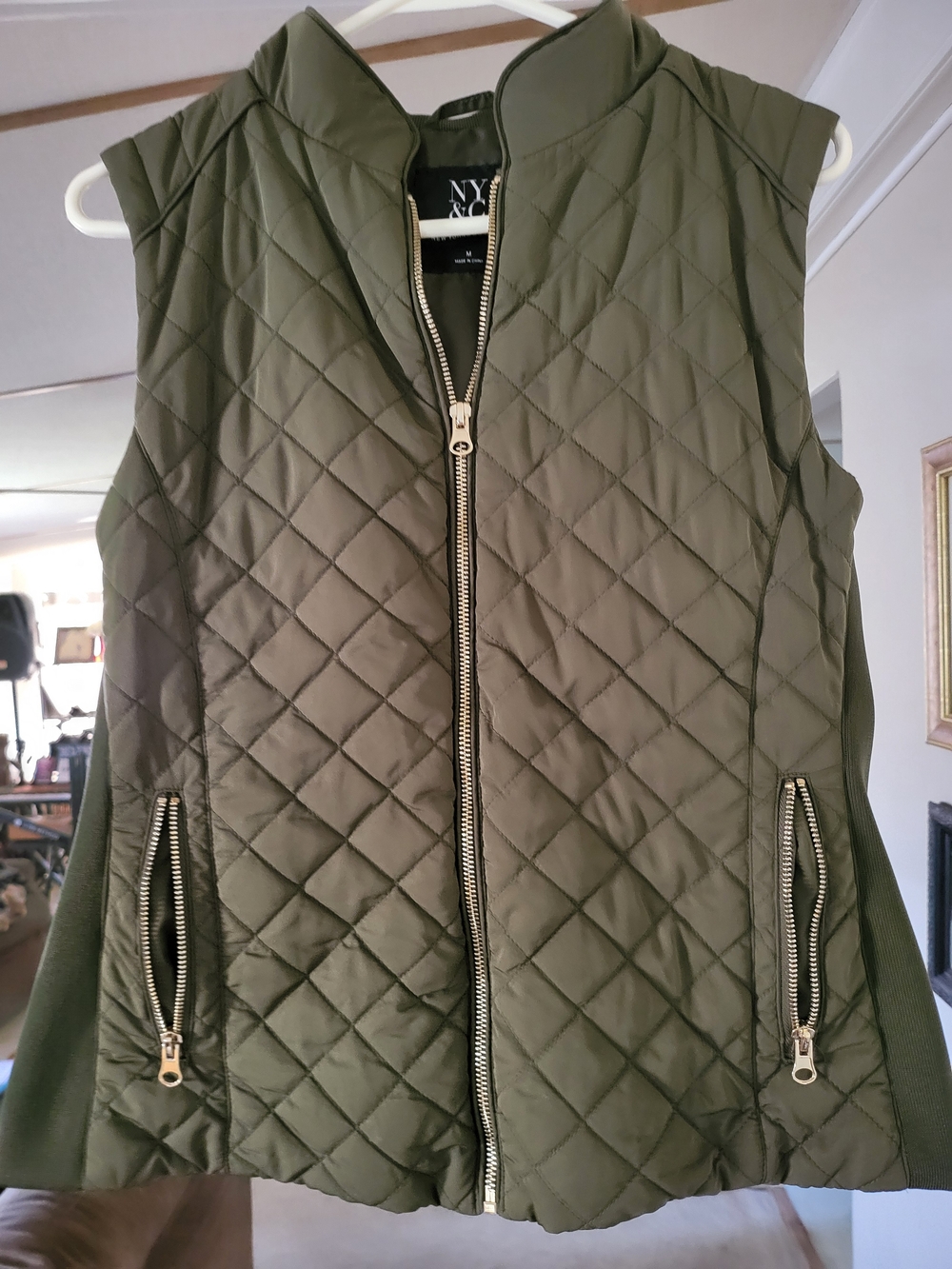 New York & Company Quilted Olive Green Sleeveless Vest with Gold Zippers